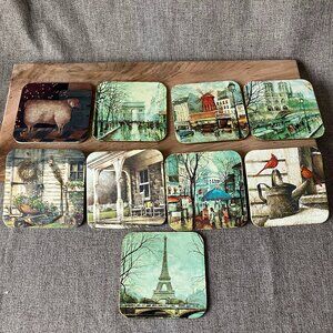 Set of 9 Table Coasters- Paris, Farmhouse, Etc. Cork Backed